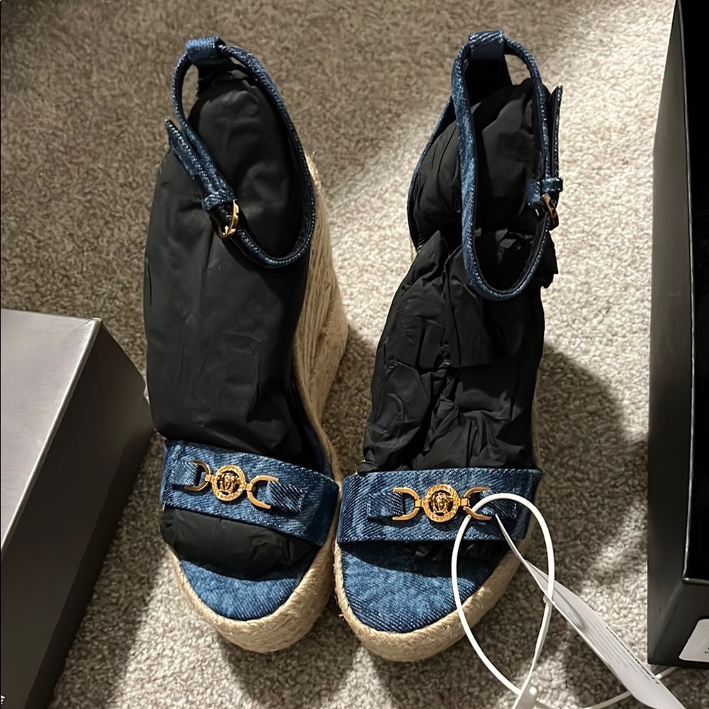 Chic Denim Wedge Sandals Versace